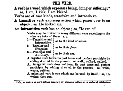 An excerpt from Brewer's Grammar on The Verb, beginning with the definition: 'A verb is a word which expresses being, doing or suffering'